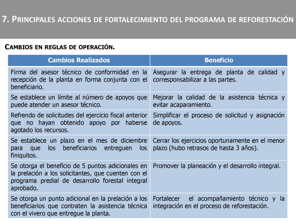 7. Principales acciones de fortalecimiento del programa de reforestación