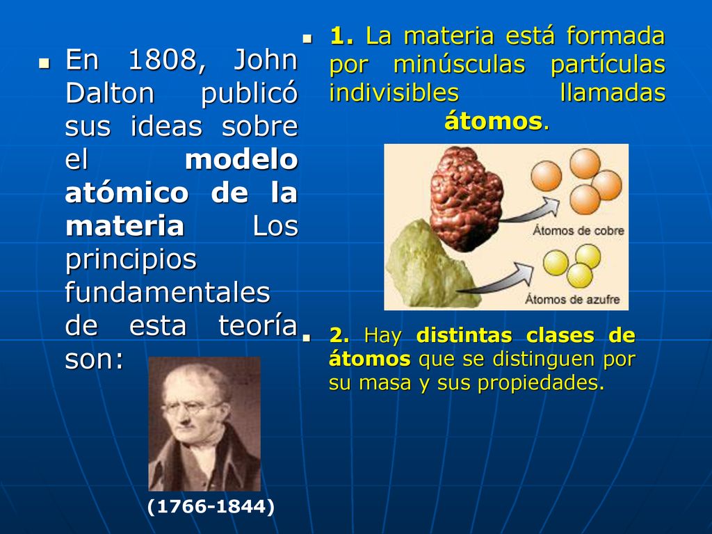1. La materia está formada por minúsculas partículas indivisibles llamadas átomos.