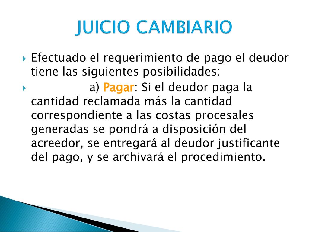 JUICIO CAMBIARIO Efectuado el requerimiento de pago el deudor tiene las siguientes posibilidades: