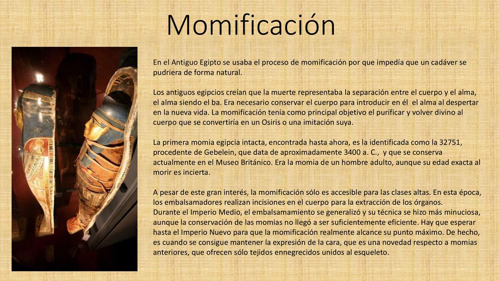 Momificación En el Antiguo Egipto se usaba el proceso de momificación por que impedía que un cadáver se pudriera de forma natural.