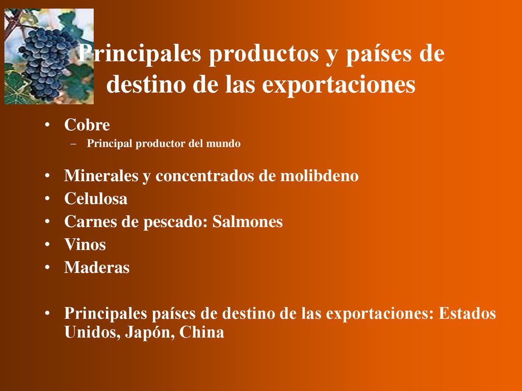 Principales productos y países de destino de las exportaciones