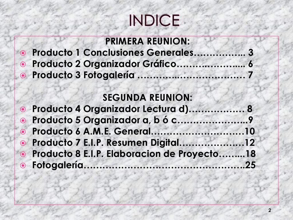 INDICE PRIMERA REUNION: Producto 1 Conclusiones Generales…………….. 3