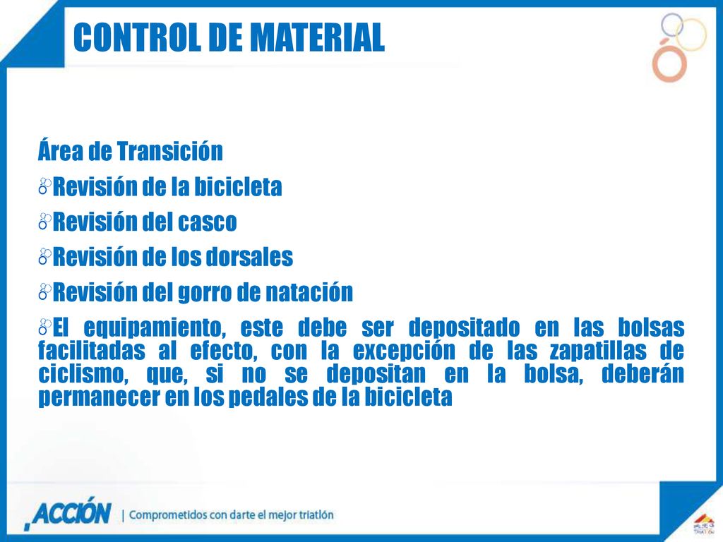 CONTROL DE MATERIAL Área de Transición Revisión de la bicicleta