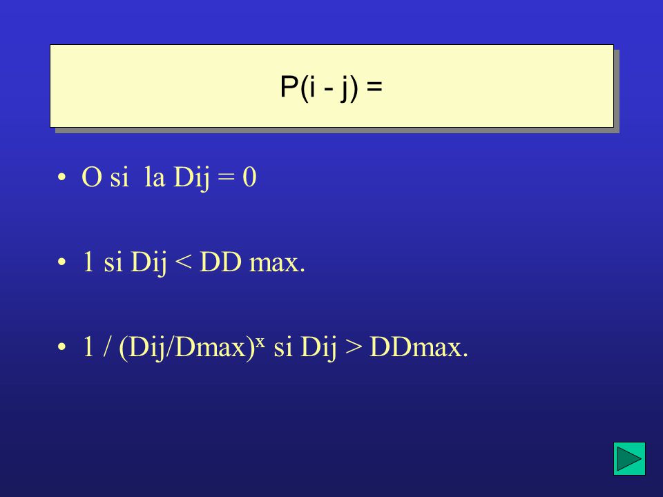 P(i - j) = O si la Dij = 0 1 si Dij < DD max. 1 / (Dij/Dmax)x si Dij > DDmax.