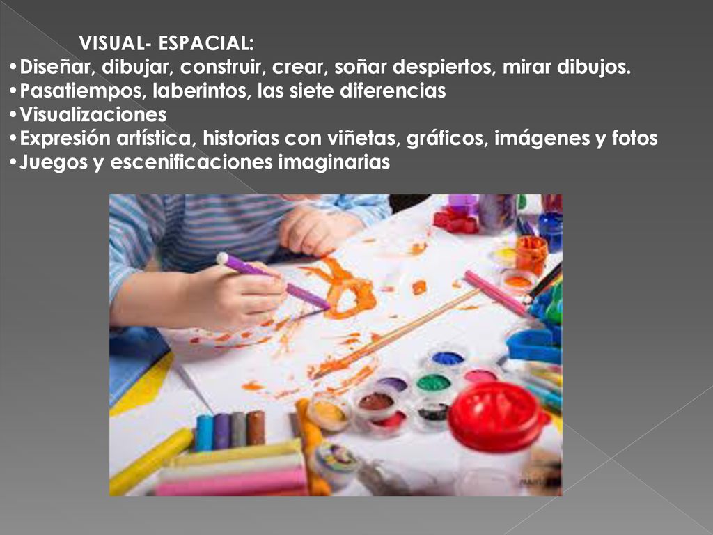VISUAL- ESPACIAL: Diseñar, dibujar, construir, crear, soñar despiertos, mirar dibujos. Pasatiempos, laberintos, las siete diferencias.