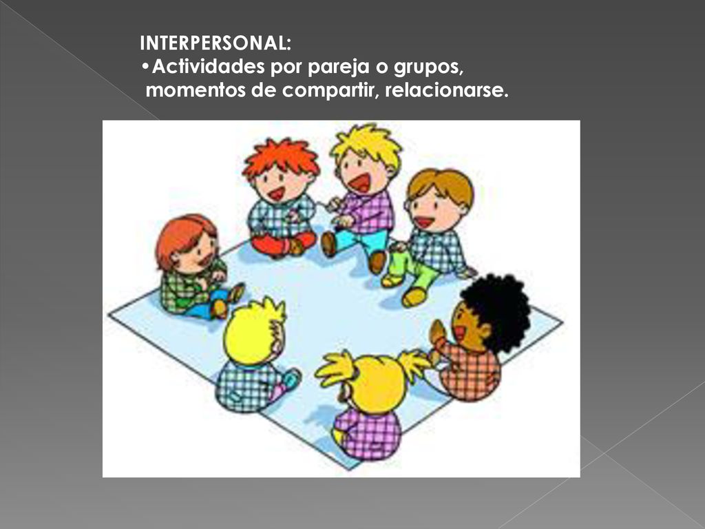 INTERPERSONAL: Actividades por pareja o grupos, momentos de compartir, relacionarse.