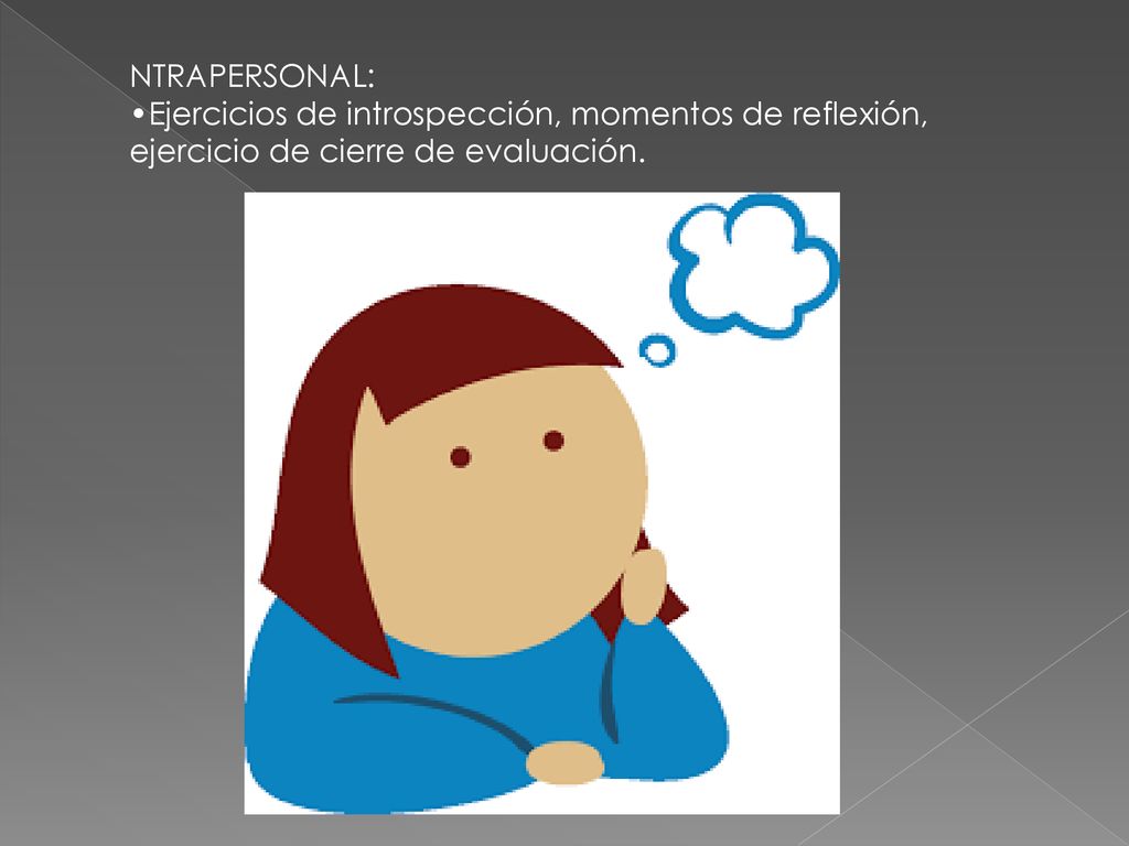 NTRAPERSONAL: Ejercicios de introspección, momentos de reflexión, ejercicio de cierre de evaluación.
