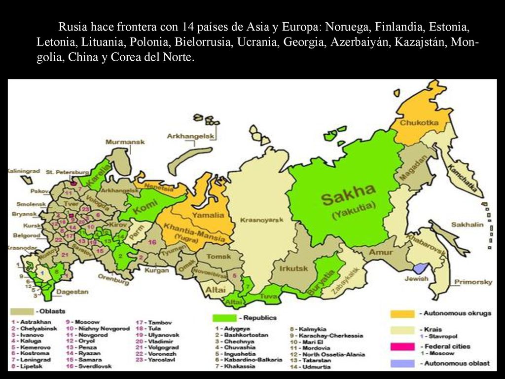 Rusia hace frontera con 14 países de Asia y Europa: Noruega, Finlandia, Estonia, Letonia, Lituania, Polonia, Bielorrusia, Ucrania, Georgia, Azerbaiyán, Kazajstán, Mon-golia, China y Corea del Norte.