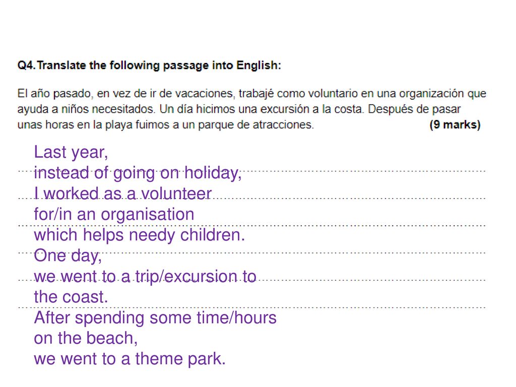 Last year, instead of going on holiday, I worked as a volunteer. for/in an organisation. which helps needy children.
