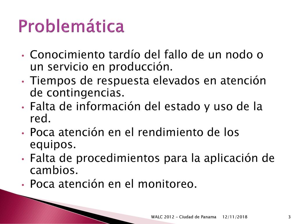 Problemática Conocimiento tardío del fallo de un nodo o un servicio en producción. Tiempos de respuesta elevados en atención de contingencias.