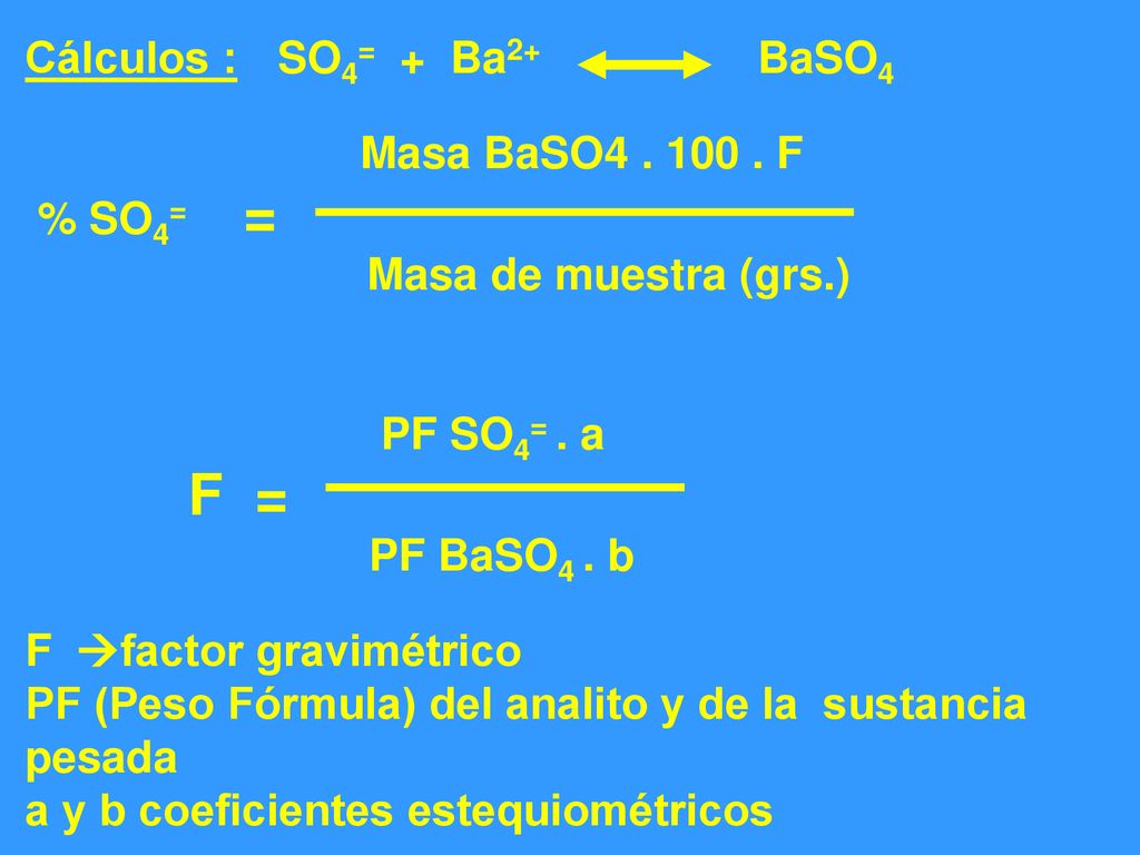 Cálculos :. SO4= + Ba2+ BaSO4. Masa BaSO F % SO4= =