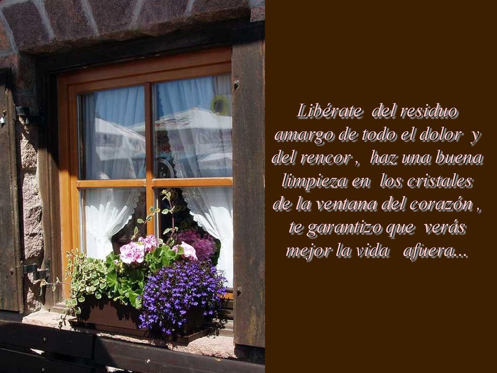 Libérate del residuo amargo de todo el dolor y del rencor , haz una buena limpieza en los cristales de la ventana del corazón , te garantizo que verás mejor la vida afuera...