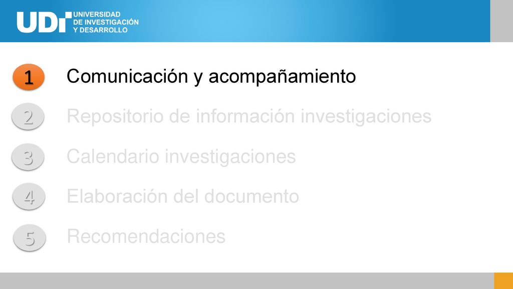 Comunicación y acompañamiento Repositorio de información investigaciones Calendario investigaciones Elaboración del documento Recomendaciones