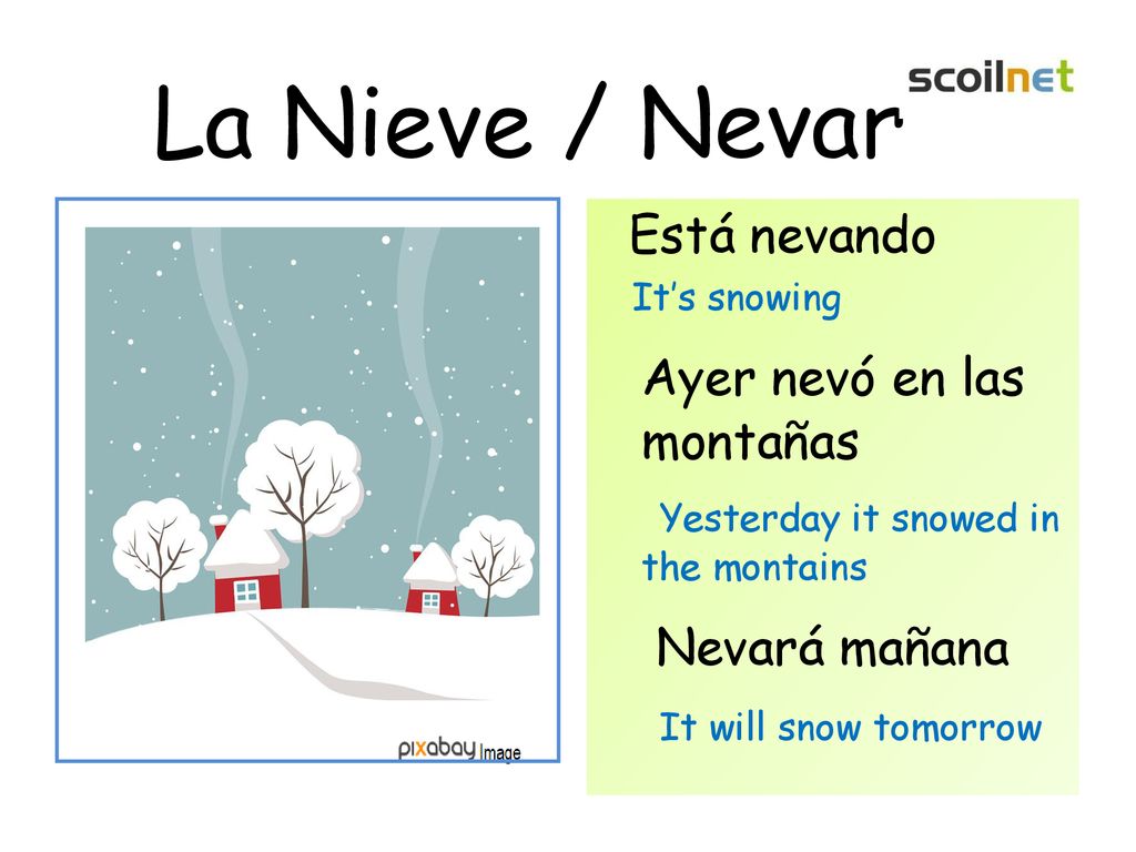 La Nieve / Nevar Ayer nevó en las montañas Nevará mañana Está nevando