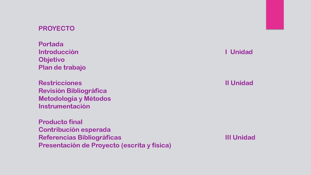 PROYECTO Portada. Introducción I Unidad. Objetivo. Plan de trabajo. Restricciones II Unidad.