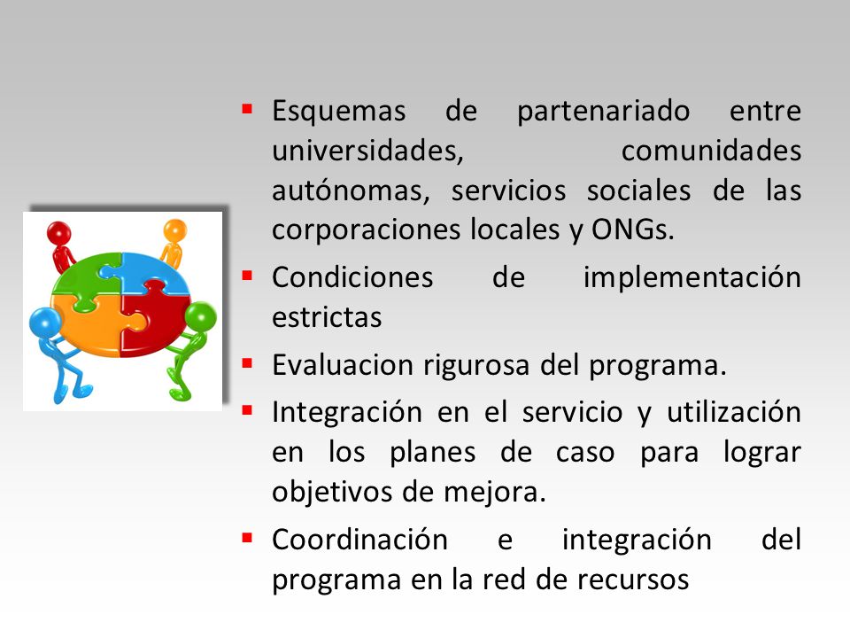 Esquemas de partenariado entre universidades, comunidades autónomas, servicios sociales de las corporaciones locales y ONGs.