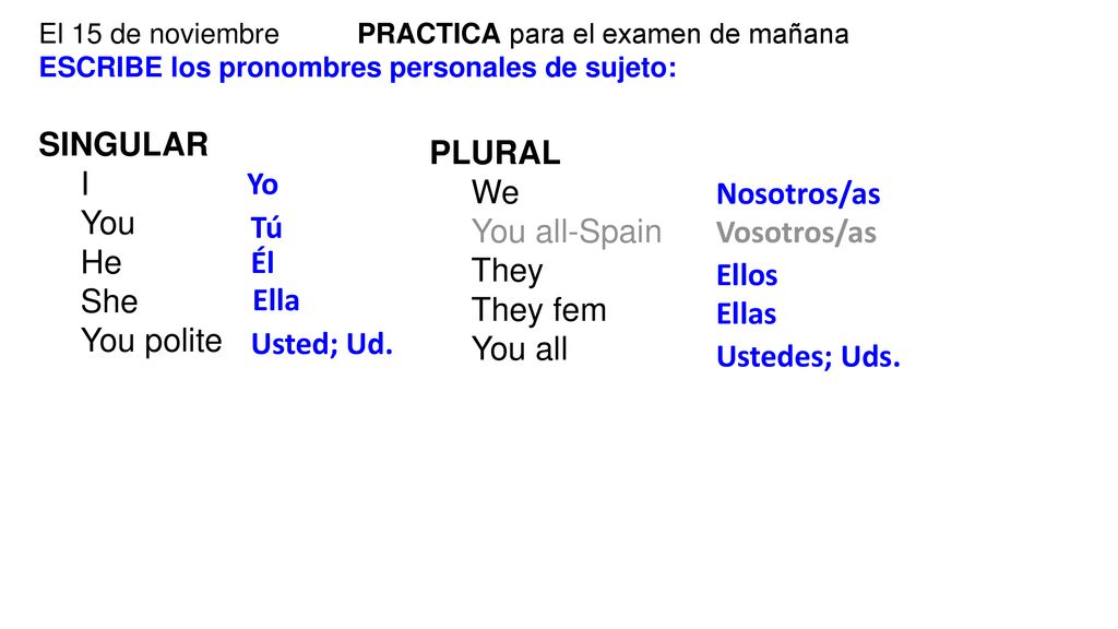 SINGULAR I You He She You polite PLURAL We You all-Spain They They fem