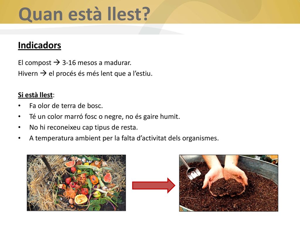 Quan està llest Indicadors El compost  3-16 mesos a madurar.