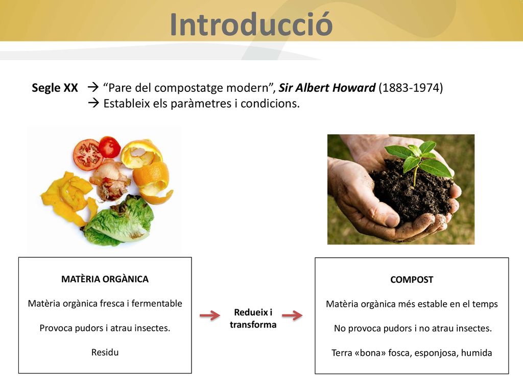 Introducció Segle XX  Pare del compostatge modern , Sir Albert Howard ( )  Estableix els paràmetres i condicions.