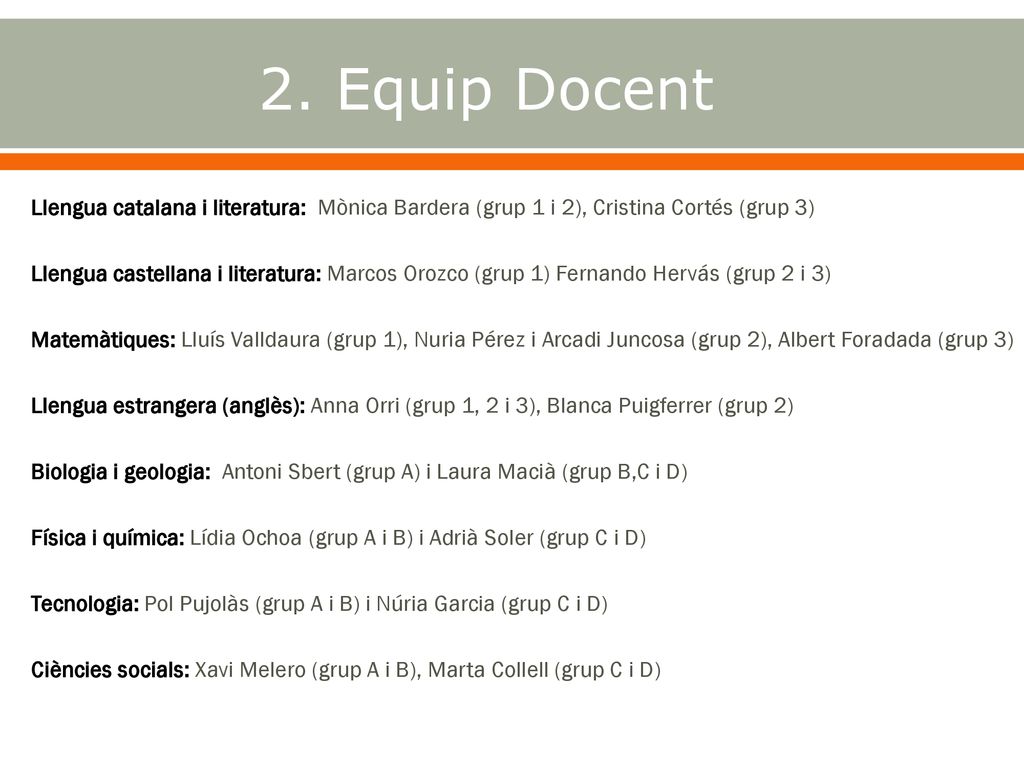 2. Equip Docent Llengua catalana i literatura: Mònica Bardera (grup 1 i 2), Cristina Cortés (grup 3)