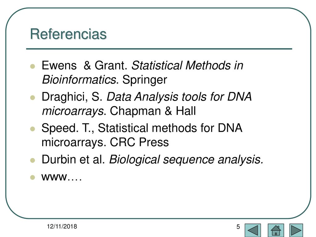 Referencias Ewens & Grant. Statistical Methods in Bioinformatics. Springer. Draghici, S. Data Analysis tools for DNA microarrays. Chapman & Hall.