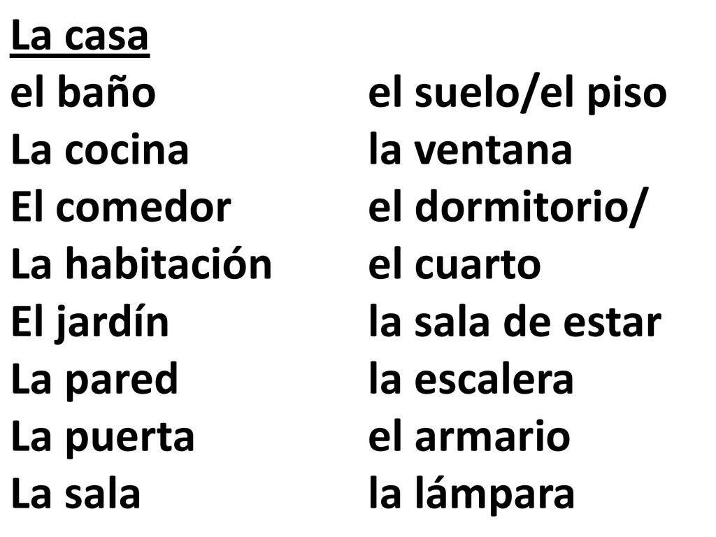La casa el baño el suelo/el piso. La cocina la ventana. El comedor el dormitorio/ La habitación el cuarto.