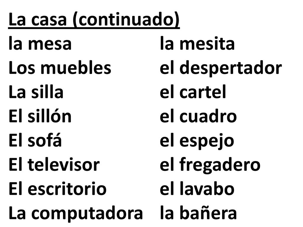 La casa (continuado) la mesa la mesita. Los muebles el despertador. La silla el cartel. El sillón el cuadro.
