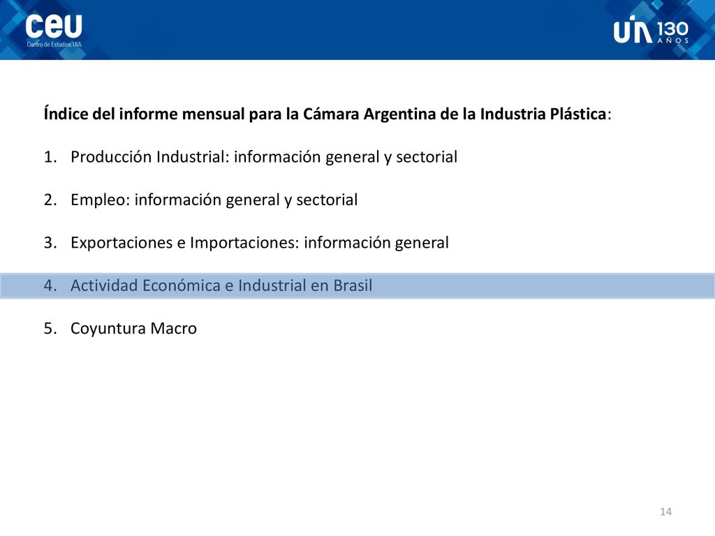 Índice del informe mensual para la Cámara Argentina de la Industria Plástica: