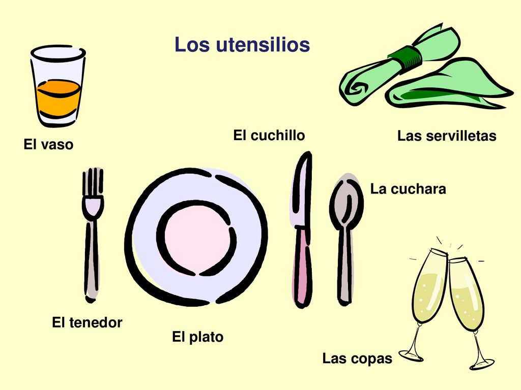 Los utensilios El cuchillo Las servilletas El vaso La cuchara