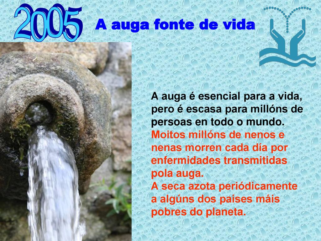 2005 A auga fonte de vida. A auga é esencial para a vida, pero é escasa para millóns de persoas en todo o mundo.