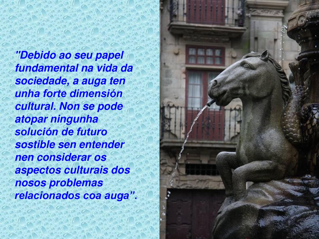 Debido ao seu papel fundamental na vida da sociedade, a auga ten unha forte dimensión cultural.