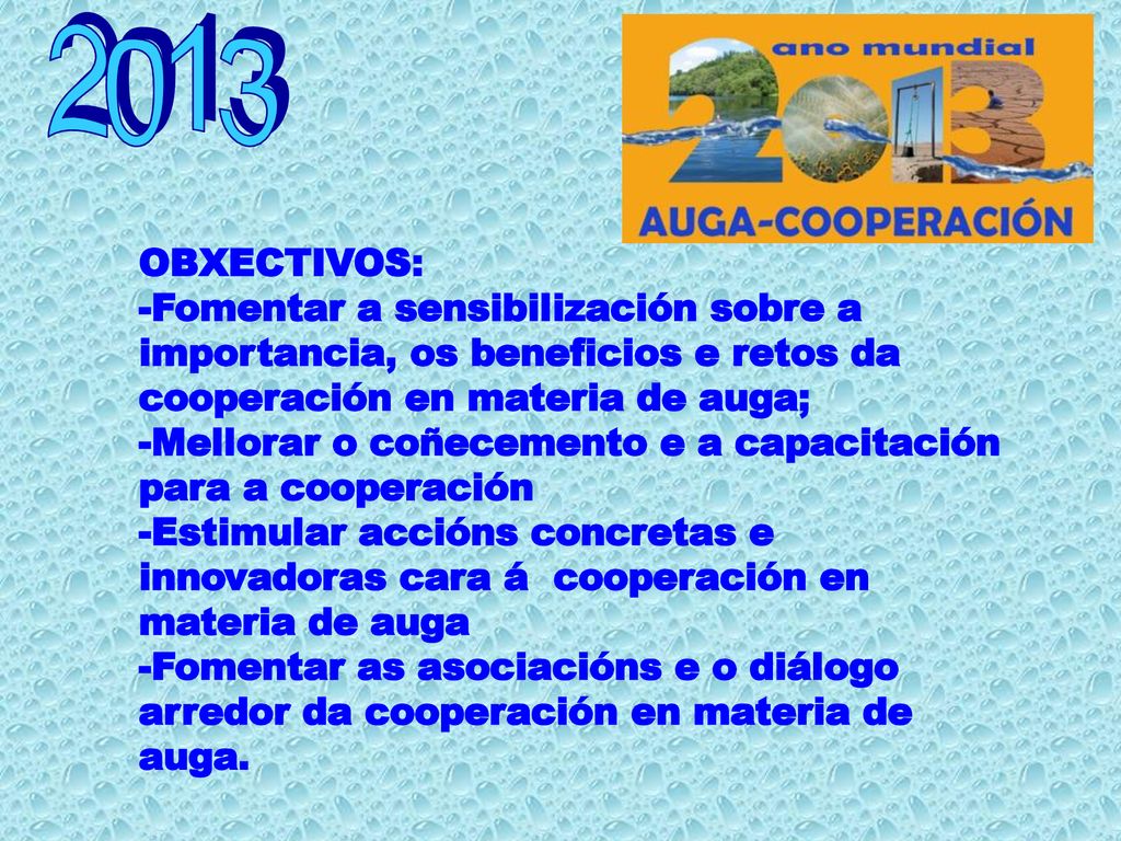 2013 OBXECTIVOS: -Fomentar a sensibilización sobre a importancia, os beneficios e retos da cooperación en materia de auga;