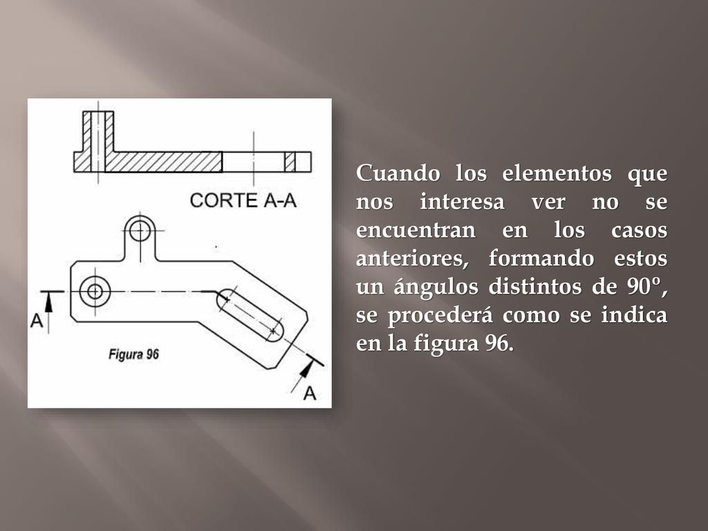 Cuando los elementos que nos interesa ver no se encuentran en los casos anteriores, formando estos un ángulos distintos de 90º, se procederá como se indica en la figura 96.