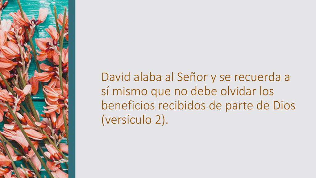 David alaba al Señor y se recuerda a sí mismo que no debe olvidar los beneficios recibidos de parte de Dios (versículo 2).