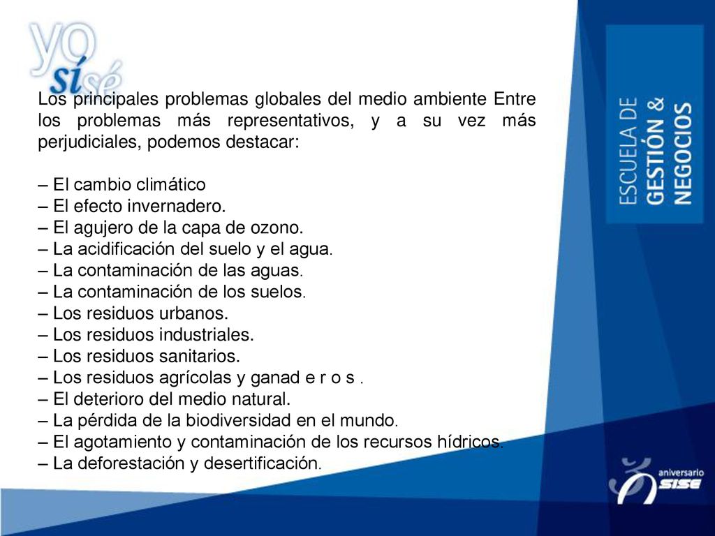 Los principales problemas globales del medio ambiente Entre los problemas más representativos, y a su vez más perjudiciales, podemos destacar: