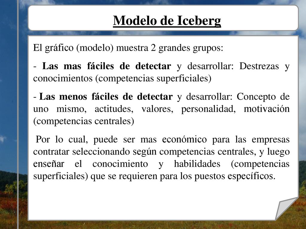 Modelo de Iceberg El gráfico (modelo) muestra 2 grandes grupos: