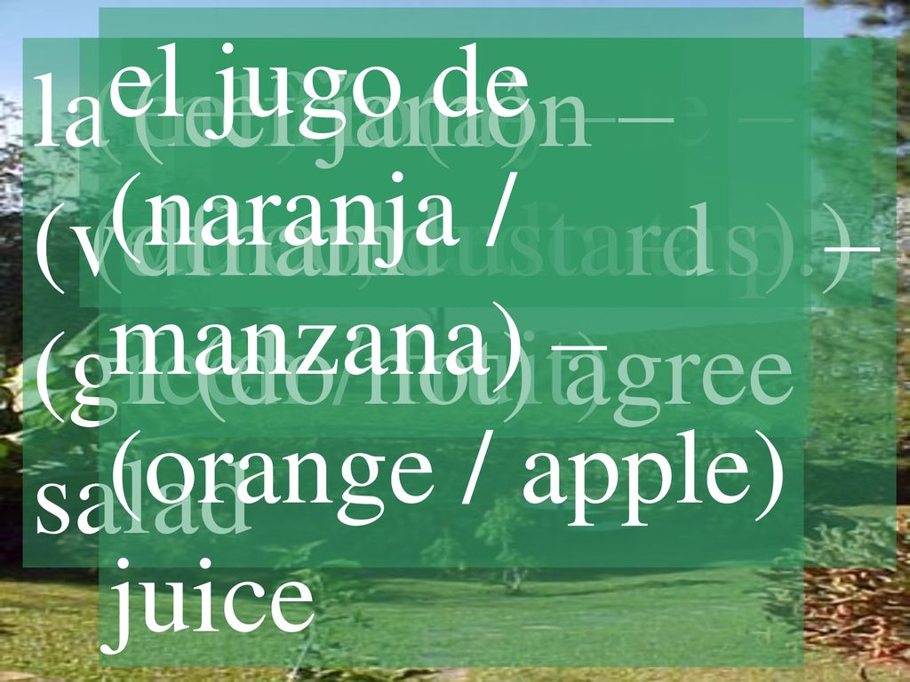 el jugo de (naranja / manzana) – (orange / apple) juice. la ensalada (verde / de frutas) – (green / fruit)