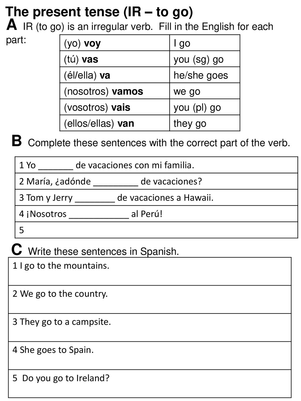 A IR (to go) is an irregular verb. Fill in the English for each part: