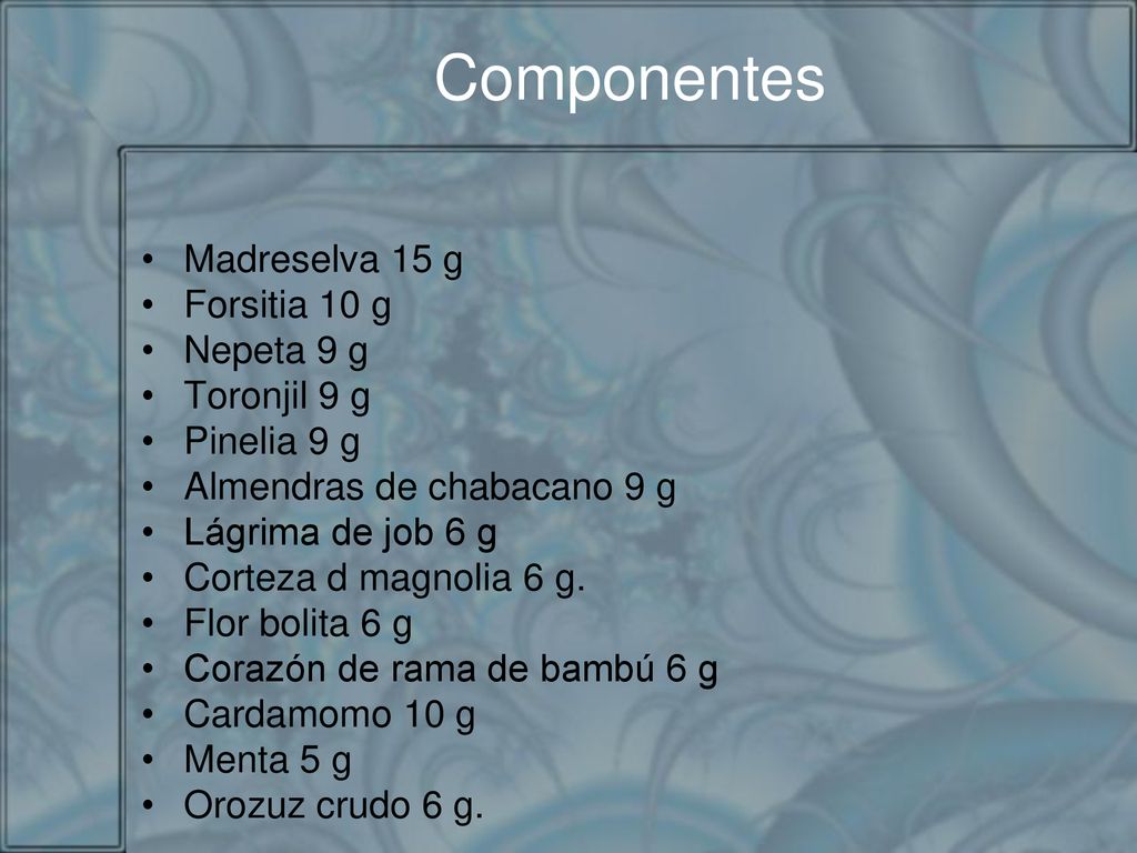 Componentes Madreselva 15 g Forsitia 10 g Nepeta 9 g Toronjil 9 g
