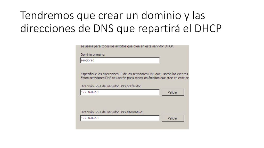 Tendremos que crear un dominio y las direcciones de DNS que repartirá el DHCP