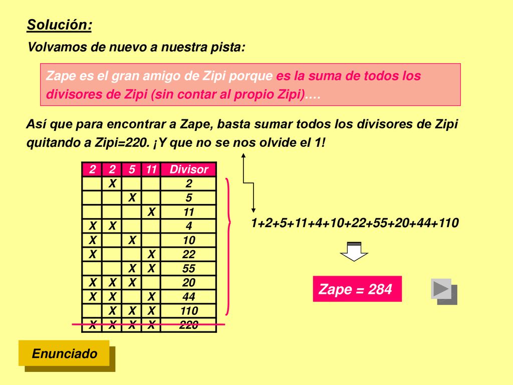 Solución: Zape = 284 Volvamos de nuevo a nuestra pista: