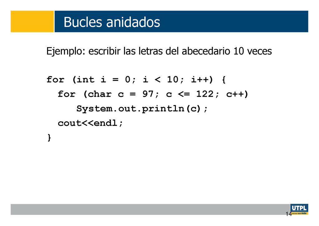 Bucles anidados Ejemplo: escribir las letras del abecedario 10 veces