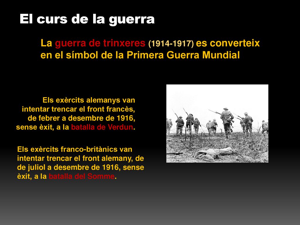 El curs de la guerra La guerra de trinxeres ( ) es converteix en el símbol de la Primera Guerra Mundial.