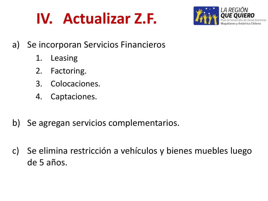 IV. Actualizar Z.F. Se incorporan Servicios Financieros