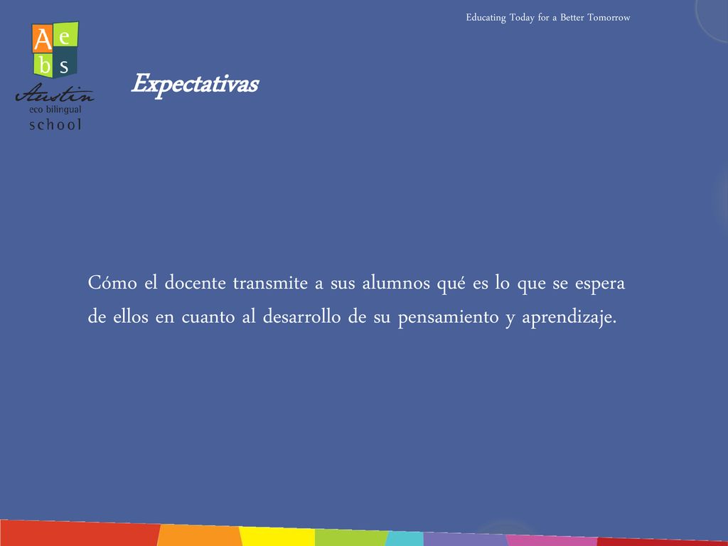 Expectativas Cómo el docente transmite a sus alumnos qué es lo que se espera de ellos en cuanto al desarrollo de su pensamiento y aprendizaje.