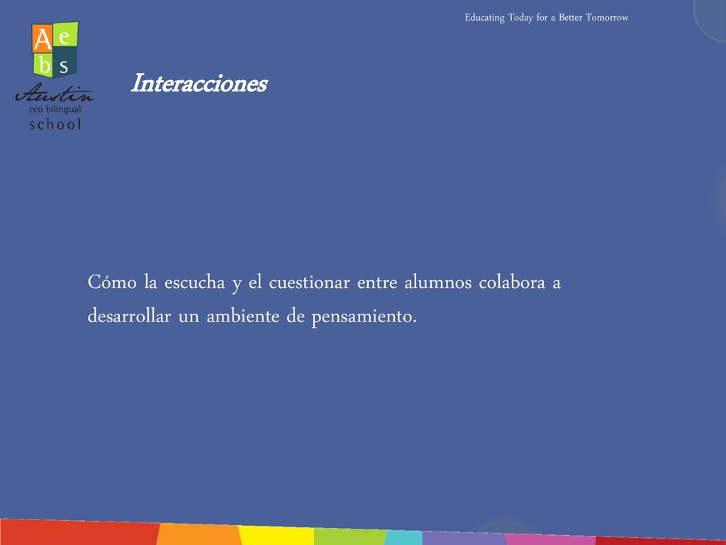 Interacciones Cómo la escucha y el cuestionar entre alumnos colabora a desarrollar un ambiente de pensamiento.