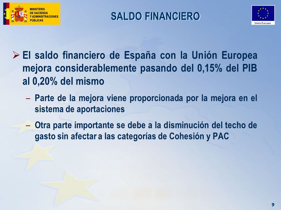 SALDO FINANCIERO El saldo financiero de España con la Unión Europea mejora considerablemente pasando del 0,15% del PIB al 0,20% del mismo.