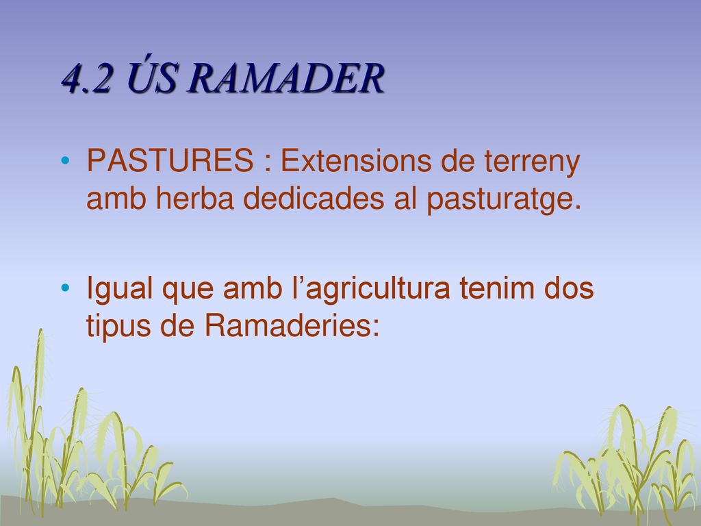 4.2 ÚS RAMADER PASTURES : Extensions de terreny amb herba dedicades al pasturatge.