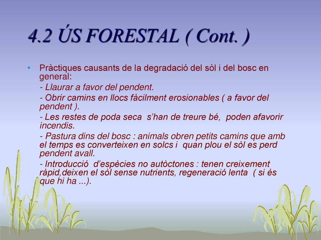 4.2 ÚS FORESTAL ( Cont. ) Pràctiques causants de la degradació del sòl i del bosc en general: - Llaurar a favor del pendent.