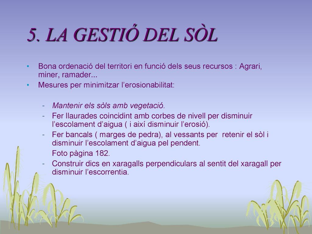 5. LA GESTIÓ DEL SÒL Bona ordenació del territori en funció dels seus recursos : Agrari, miner, ramader...